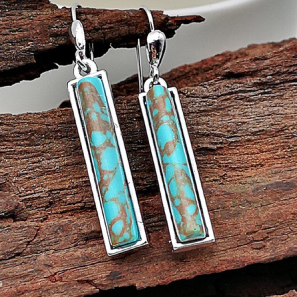 🤠Western Boho Faux Green Blue Long style Silver Earrings Gift Turquoise Boho